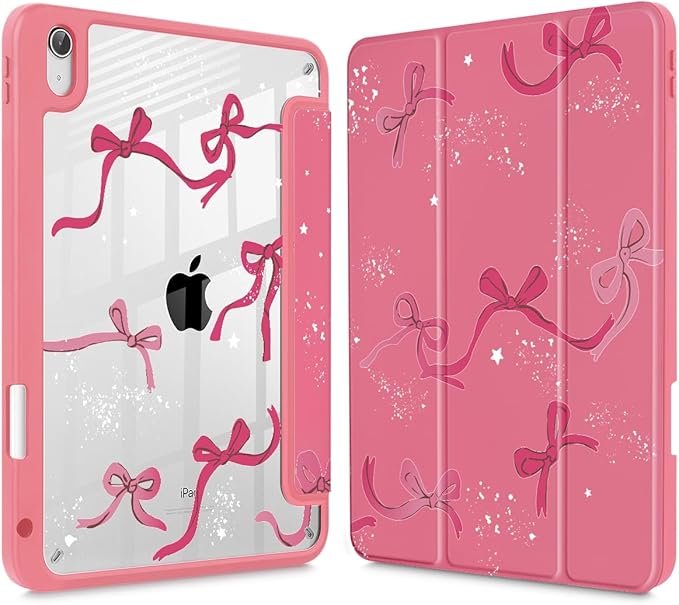 Tuiklol for iPad Pro 12.9 Inch 6th/5th/4th/3rd Generation 2022 2021 2020 2018 Case,Built-in Pencil Holder Clear Transparent Protective Back Shell Cover with Auto Sleep/Wake, Bow-Watermelon Red