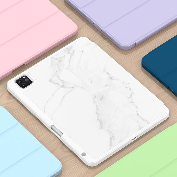 ZryXal iPad Pro 11 Inch Case (M5) 2025/ (M4) 2024 (Model: A2836/A2837/A3006), Trifold Stand Smart Cover with Pencil Holder and Soft TPU Back, Auto Wake/Sleep (Marble White)