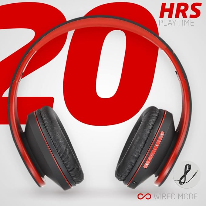 PowerLocus Bluetooth Over-Ear Headphones, Wireless Stereo Foldable Headphones Wireless and Wired Headsets with Built-in Mic, Micro SD/TF, FM for iPhone/Samsung/iPad/PC (Black/Red)