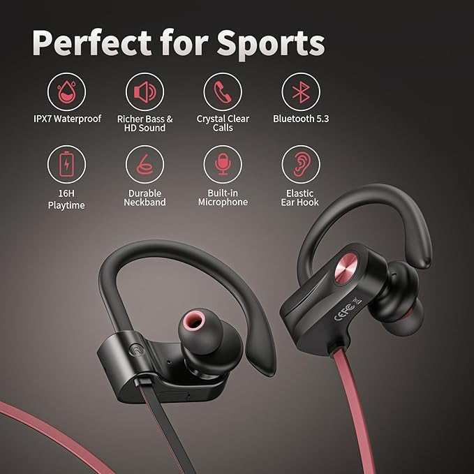 JOYWISE Wireless Bluetooth 5.3 Wireless Headphones with 16Hrs Long Playtime Stereo IPX7 Waterproof in-Ear Earphones, Noise Cancelling Headphones for Running, Black&Pink