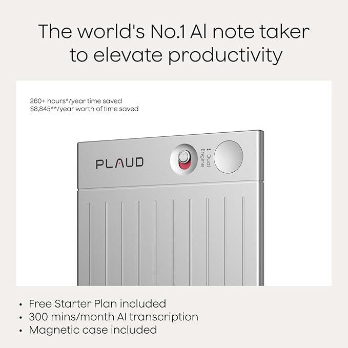 Plaud Note AI Voice Recorder, Note Taker w/Case, App Control, Transcribe & Summarize with AI, Support 112 Languages, for Meetings, Calls, Lectures, Professionals, Teams, Silver, Non-Pro Version