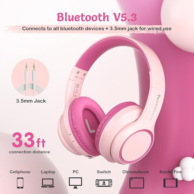TONOSHARK Kids Bluetooth Headphones with Active Noise Cancelling, Wireless Over-Ear Headphones for Boys Girls, Foldable, Adjustable, 40H Playtime, Mic for School Travel(Pink)