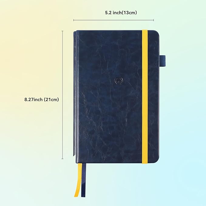 Yuan Smart Notebook, Smart Notebook with navy Hard Cover for Smart Pen Writing Set, 2/3 Lined Pages and 1/3 Blank Pages, 5.2" X 8.27", 94 Sheet/187 Pages, Yellow Elastic Closure and Bookmark