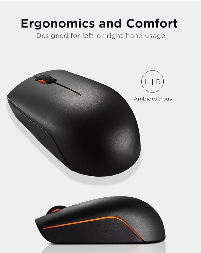Lenovo 300 Wireless Mouse, Black, Computer Mouse for PC and Laptop with Windows, Ambidextrous Design, 2.4 GHz Nano USB Receiver, 12 Month Battery Life