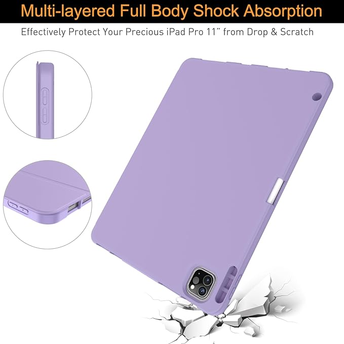 Soke for iPad Pro 11 Case (M2) 2022/2021/2020 with Pencil Holder - [Full Body Protection + Apple Pencil Charging + Auto Wake/Sleep], Soft TPU Back Cover for 2022 iPad Pro 11 inch(Lilac)