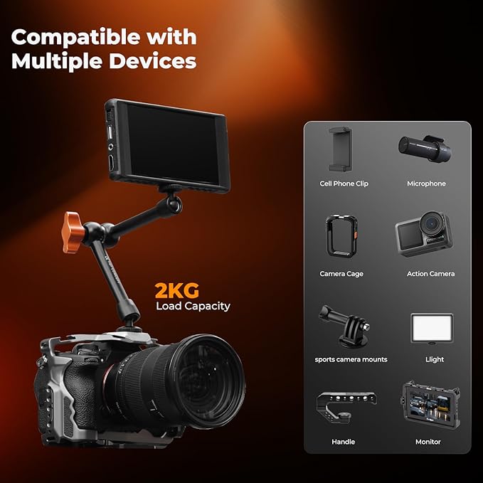 K&F CONCEPT 9.8" Magic Arm Clamp Kit with 1/4" & 3/8" Thread Screw 360° Ball Heads Articulating Magic Arm Camera Mount for Monitor, Flash, LED Light, Microphone, Camera Cage, Action Camera