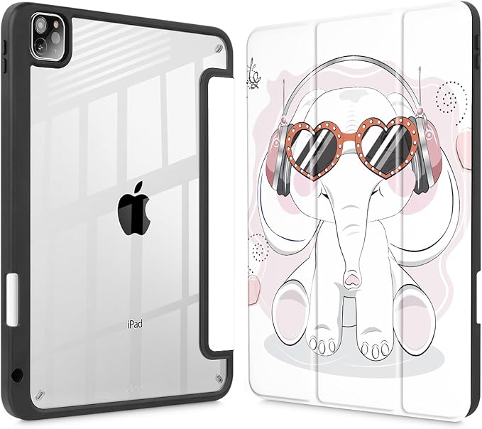 Tuiklol for iPad Pro 11 Inch Case M2 2022 Gen 4th -Built-in Pencil Holder Shockproof Cover Clear Transparent Back Shell Fit for iPad 11’’ 2021 2020 2018 Gen 3rd/2nd/1st for Kid, Lovely Elephant