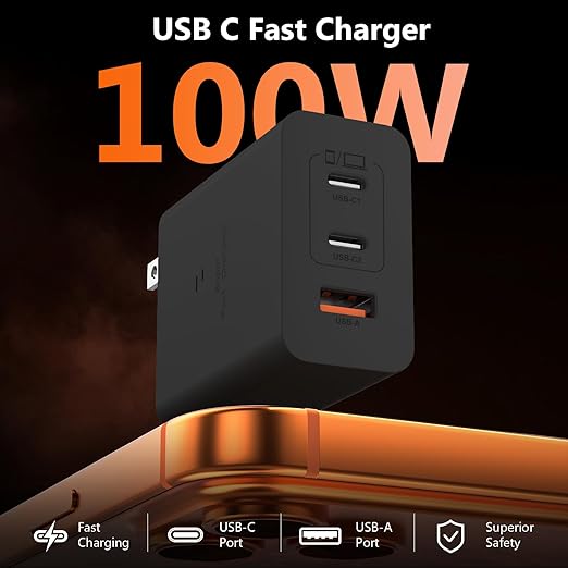 100W USB C Charger for Samsung S26 S25 Ultra, 3-Port GaN Fast Wall Charger with 2 Cables (C-C & A-C), Travel Essentials PD Adapter for MacBook Pro,for iPhone 17 16 15/iPad, Laptop - Black