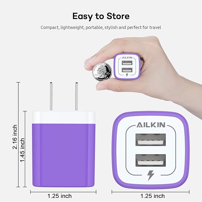 2Pcs USB Wall Charger, AILKIN USB Plug Home Travel Power AC Adapter Charging Block for iPhone, Google Pixel, Samsung Galaxy, HTC, LG, Motorola Cell Phone Quick Charge Base USBA Adaptive HandSet Cube