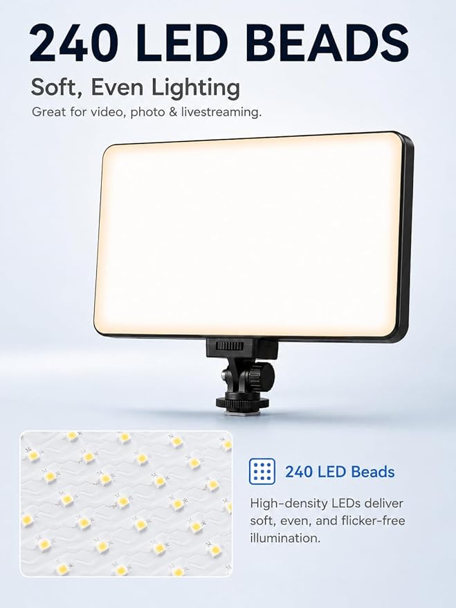 LED Video Light Panel, Dimmable DSLR Camera Light for Pictures Photo Video Recording with 4000mAh Rechargeable Battery, Cold Shoe, 240pcs Lamp Beads, CRI>95 2700K-6500K for Photography Live Streaming