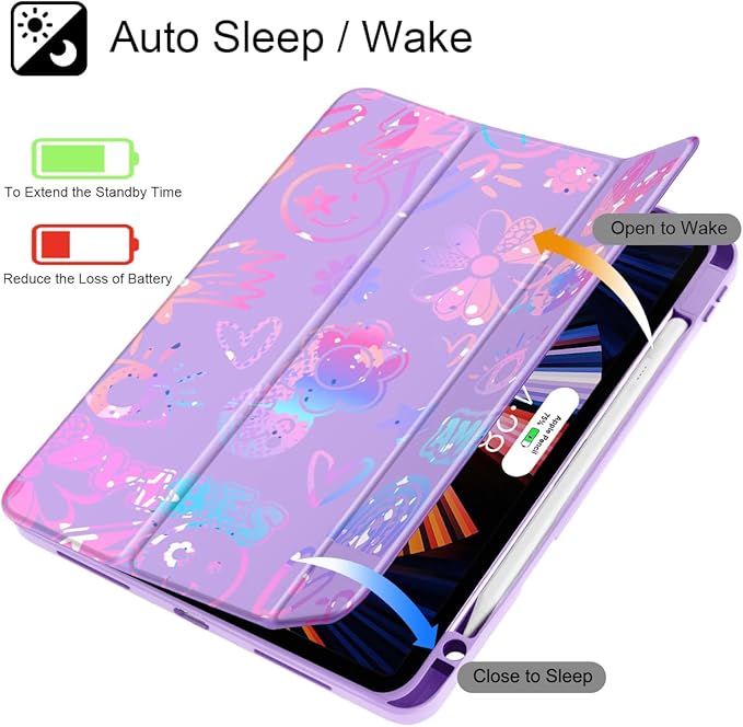 Tuiklol for iPad Pro 12.9 Inch 6th/5th/4th/3rd Generation 2022 2021 2020 2018 Case,Built-in Pencil Holder Clear Transparent Protective Back Shell Cover with Auto Sleep/Wake, Fun Emotions Purple