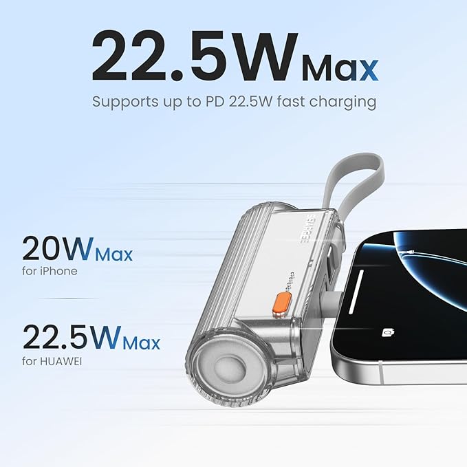 sharge Flow Mini 2 Portable Charger with Built-in Cable 22.5W Max Power Bank for Travel, Fast Charging Battery Pack with iOS and USB-C Connector for iPhone 17/16/15/14, Galaxy, Google Pixel, and More
