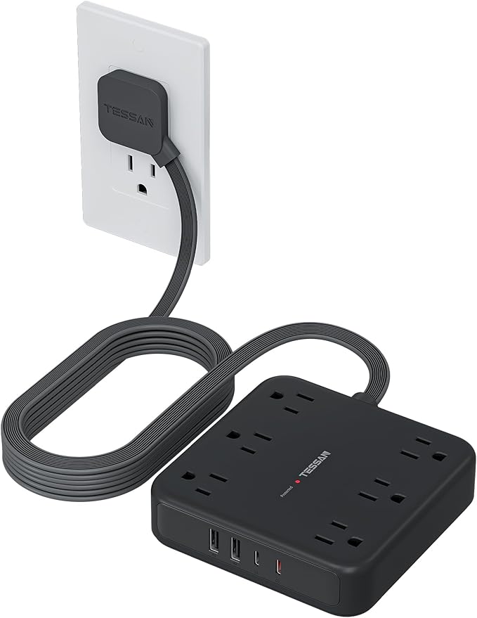 TESSAN 15Ft Black Extension Cord with Multiple Outlets, Surge Protector Power Strip with 6 Outlets and 4 USB Ports (2 USB C), 2100 Joules Protection, Flat Plug, Outlet Extender for Home, Office, Dorm