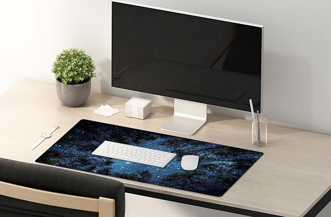 SSOIU The Milky Way and The Trees Mouse Pad 35.5 X 15.7 Inch XXL Night Sky Full Desk Mousepad Extended Large Non-Slip Rubber Base Waterproof Big Keyboard Mat with Stitched Edges for Gaming and Office