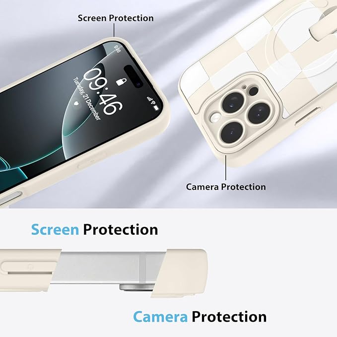 KANGHAR Compatible with iPhone 16 Pro Max Case, Support for MagSafe, Silicone Checkered Cute Pattern, Wristband Kickstand Camera Protection Soft Slim Cover for Girls Women -White