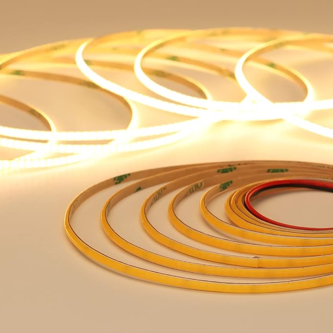 TOPAI 12V Thin 3mm COB LED Strip 3000K Warm White 16.4ft Bright CRI>90 Uniform Dotless 400LEDs/M Adhesive Flexible Cuttable LED Tape Light for DIY, Bedroom, Under Cabinet Lighting