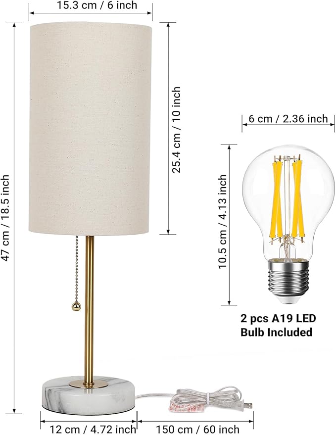 JUNNAI 18.5" Desk Lamp & Table Lamp Set of 2, Skinny Bedside Lamp with Marble Base, Pull Chain Switch, 3-Way Dimmable, Linen Fabric Shade, Small Nightstand Lamps for Living Room, Bedroom, Reading