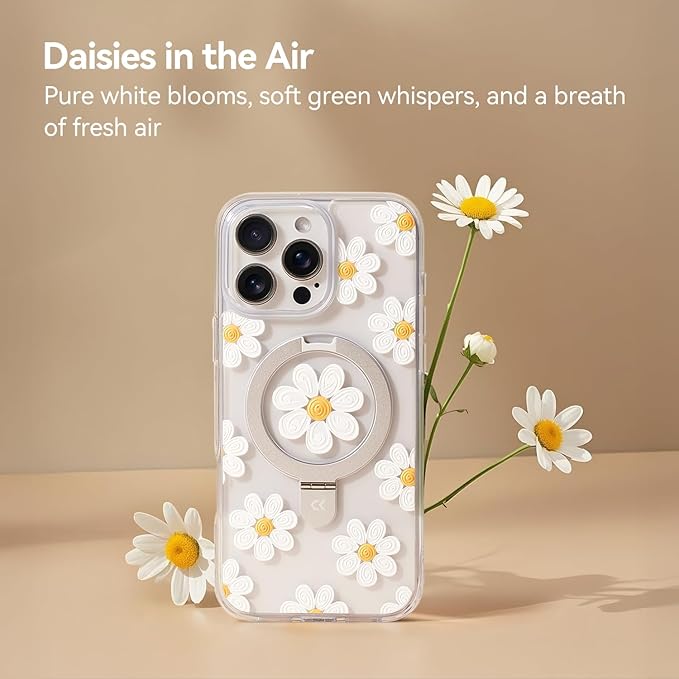 CASEKOO Floral Series Oil Painting Daisy for iPhone 16 Pro Max Case with Magnetic Ring Stand [Compatible with MagSafe] [Military-Grade Protection] Fashion Clear Back, Soft Edge, for Women