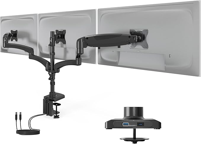 Mount-It! Triple Monitor Mount, 3 Monitor Desk Mount with Gas Spring Arms, Fits 13–32 Inch Screens up to 17.6 lbs per Arm, VESA 75 & 100, Clamp or Grommet Base, USB-A & C Ports, Black