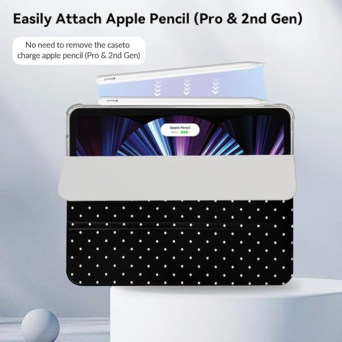 Lovmooful Compatible for iPad Pro 11-Inch,2022/2021/2020/2018 Model(4th/3rd/2nd/1st Generation) Case with Pencil Holder Cute Polka Dot with Aesthetic Design Soft TPU Trifold Stand Protective-Black
