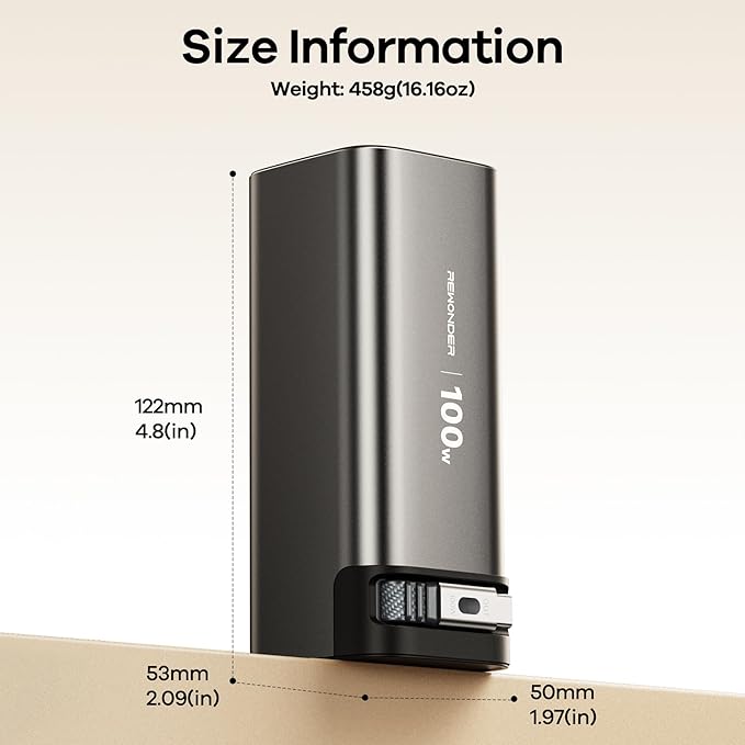 REWONDER 100W Power Bank Fast Charging 20000mAh with Built-in Retractable USB-C Cable, Portable Charger for MacBook Laptop, iPhone 17/16 Series, Samsung, TSA Approved for Air Travel