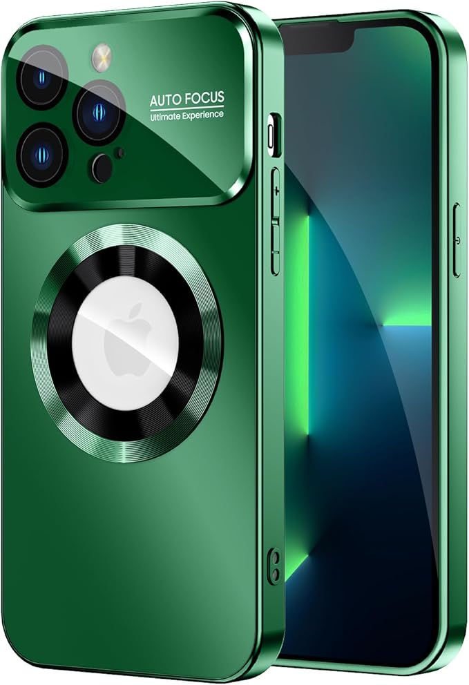 MAKAVO Magnetic for iPhone 13 Pro Max Case, Compatible with MagSafe, Built-in Camera Lens Protector, Logo View, Military Grade Drop Proof Phone Case Cover, Dark Green