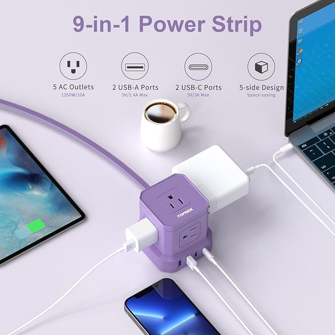 TOPREK Power Strip with USB, 10 FT Flat Extension Cord with 5 Outlets, 2 USB-C & 2 USB-A, Compact Desk Charging Station for Home Office, Dorm, Hotel, Travel, 700J Surge Protection