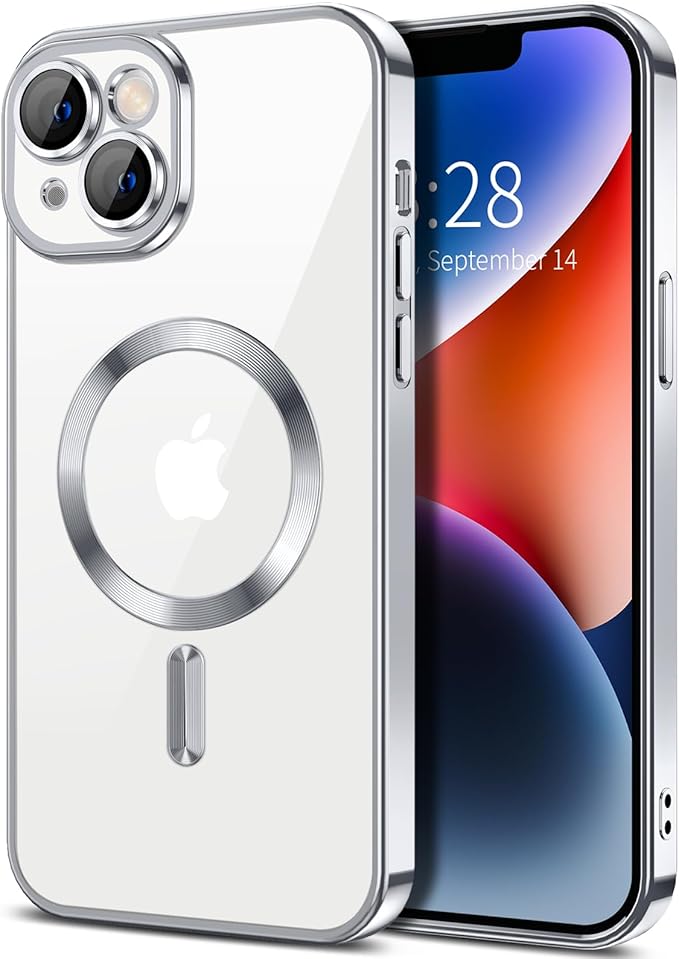Hython Magnetic Clear for iPhone 14 Case with Camera Lens Protector [Compatible with MagSafe] Luxury Plating Edge Slim Soft TPU Cover Protective Phone Case for iPhone 14 6.1", Silver