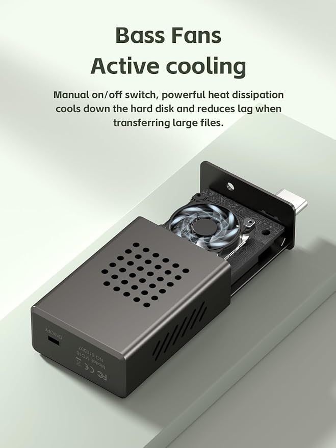Hagibis 2230 M.2 NVMe SSD Enclosure with Cooling Fan for iPhone 16 15 Pro Max ProRes, USB 3.2 Gen 2 10Gbps to NVMe PCI-E External M.2 SSD Case for MacBook Laptop iPad Android