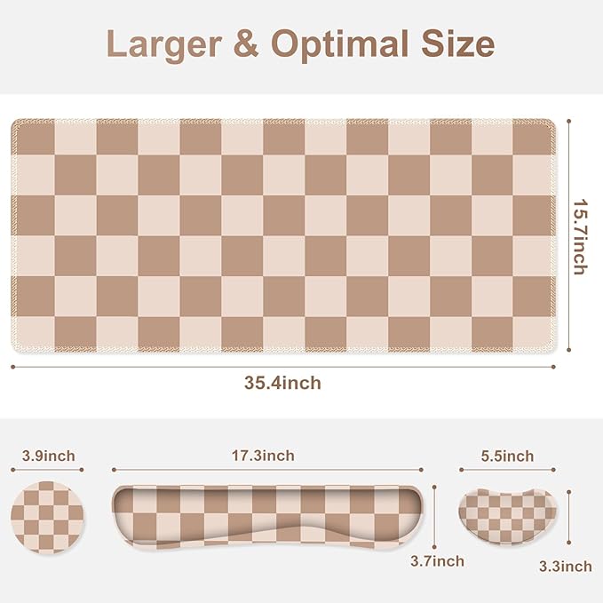 Beige Khaki Checkered Mouse Pad Set, 4 in1 Large Gaming Ergonomics Keyboard Desk Mat with Memory Foam Wrist Rest, Extended Game Mousepad, Non-Slip Desk Pad Matt Easy Typing Pain Relief
