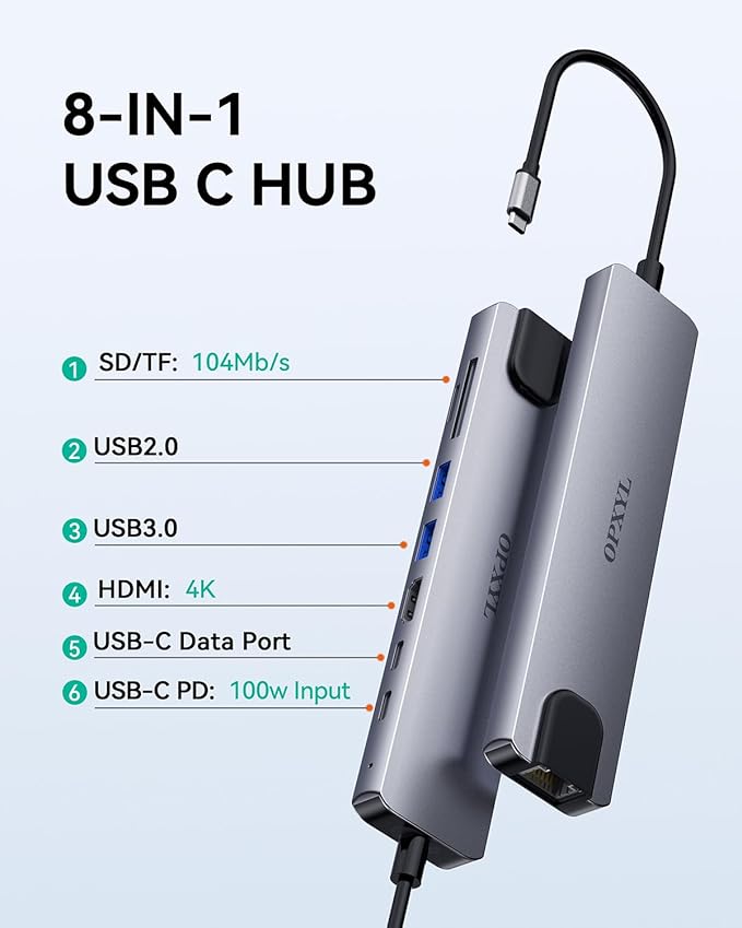 OPXYL 8-in-1 USB C Hub Multiport Adapter, USB C Docking Station for Laptop with 4K HDMI, 100W PD Charging, SD/TF Card Reader, USB 3.0 Ports for MacBook Pro/Air, iPad, Windows, School & Office