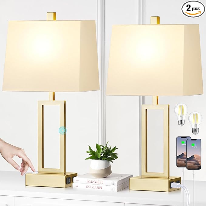 Rinweey 23.5" Touch Control Table Lamps Set of 2, Modern Gold Bedside Lamps with USB A+C Ports & AC Outlet, 3 Way Dimmable Contemporary Nightstand Lamps for Bedroom Living Room(2 LED Bulb Included)