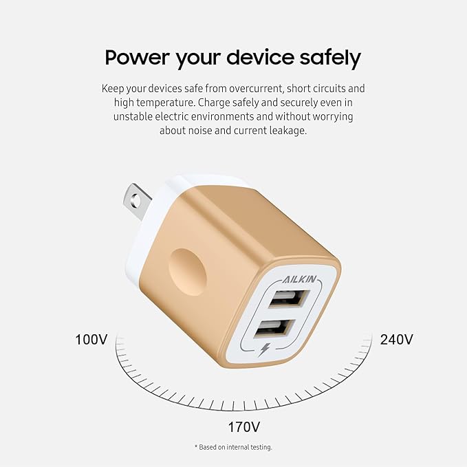 USB Wall Charger, Charger Block, AILKIN 2.1A Multiport Fast Charge Power Brick Cube Plug Box Base Adapter for iPad, iPhone, iPod, Samsung Galaxy, Huawei, HTC, LG, or Other Cell Phone Smart Devices