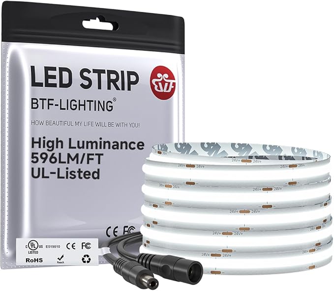 BTF-LIGHTING FCOB COB LED Strip 6000K 596+LM/FT Super Bright UL Listed DC24V 32.8FT 480LED/m 10mm Width Flexible High Density CRI 90+ Dimmable LED Light for Home Indoor Decor(No Controller or Adapter)