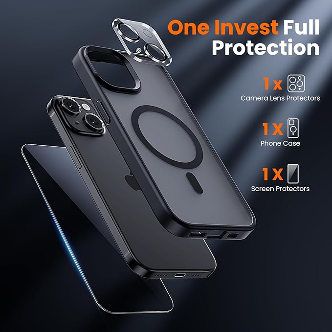 toushion 3 in 1 for iPhone 15 Plus Case with MagSafe, Screen Protector*1 Camera Lens Protector*1,Skin Feeling Back Cover Military-Grade Protection for iPhone 15 Plus Phone Case 6.7 inch Matte Black