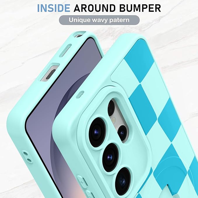 KANGHAR Compatible with Samsung Galaxy S26 Ultra Case, Support for MagSafe, Silicone Checkered Cute Pattern, Wristband Kickstand Camera Protection Soft Slim Cover for Girls Women -Blue