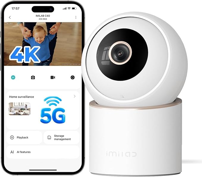 IMILAB 4K 8MP Security Camera Indoor, 360° View Pet/Dog/Baby Camera with Xiaomi Home App, 2.4G/5G WiFi Plug-in Room Cam, Color Night Vision, Pet&Human Track, Two-Way Audio, No Subscription(C40)