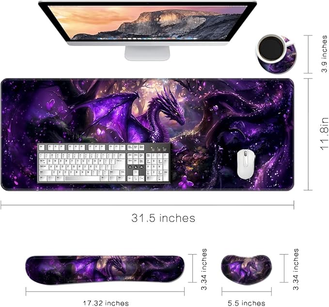 MIBITRI Keyboard Mouse Pad Set, Extended Gaming Mouse Pad+Ergonomics Keyboard Wrist Rest Support, Memory Foam, Easy Typing Pain Relief, 4Pcs XXL Ultra Thick Desk Mat, Dragon