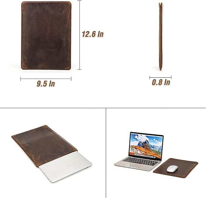 Top Grain Leather 13.3" Slim Laptop Sleeve Case, Solid Minimalist Vintage Design, Handmade, Compatible with MacBook Pro 13.3" MacBook Air M1/M2 DELL XPS 13" & Other PC, Brown 13.3 Inch