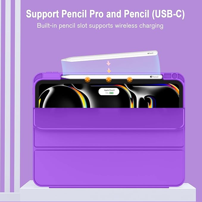 ZryXal New iPad Pro 13 Inch Case (M5) 2025 / (M4) 2024 with Pencil Holder, Smart iPad Case [Support Pencil Pro and Pencil (USB-C)], Support Touch ID and Auto Wake/Sleep (Grape Purple)