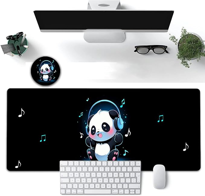Large Mouse Pad, 31.5 x 11.8in Extended Gaming Mouse Pad with Stitched Edges, XXL Mousepad Protector Non Slip Rubber Base for Office and Home Writing Mat, Cute Panda Pattern Black Desk Mat