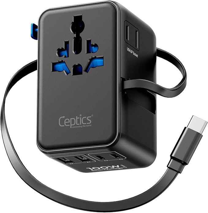 Ceptics GAN 100W Universal Travel Adapter with Retractable USB-C Cable, 2X USB-A & C, Universal Input and 1x USA/JP Input, 7 in 1 Universal Adapter for Worldwide Travel - Type A, C, G, I Output
