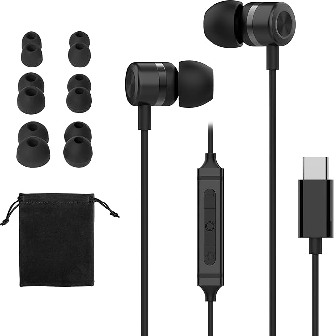 MORMOQUE USB C Headphones for iPhone 15 16 17,for Samsung S20-S23 A53 A54 Type C Wired Earbuds,Built-in Microphone Hi-Fi Bass Earphones,4.9ft Long Cord Magnetic in-Ear Ear Buds with 6 Ear Tips(Black)