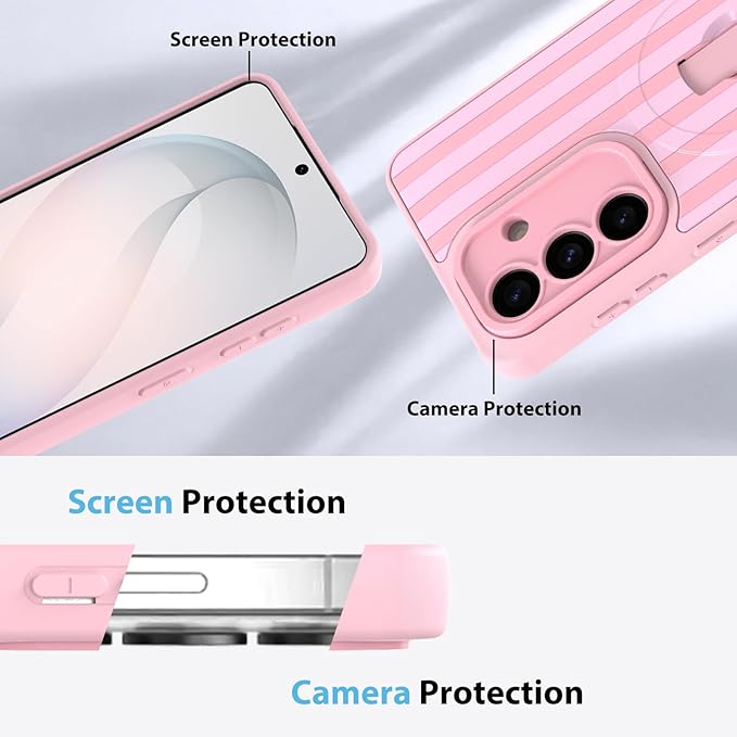 KANGHAR Compatible with Samsung Galaxy S26 Case, Support for MagSafe, Silicone Stripes Cute Pattern, Wristband Kickstand Camera Protection Soft Slim Cover for Girls Women -Pink