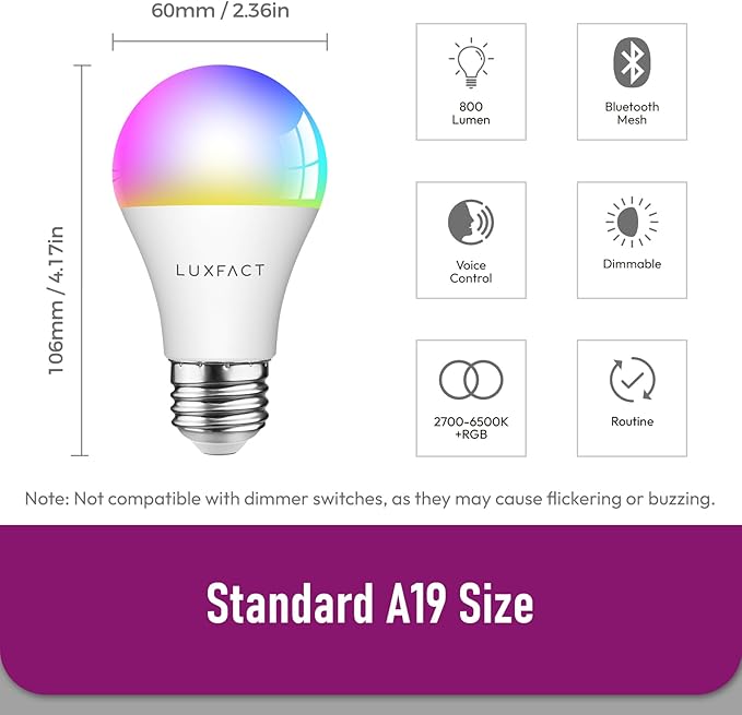 Alexa Light Bulbs, Smart Light Bulbs RGBCW Color Changing, A19 E26 Bluetooth Light Bulb Directly Compatible with Alexa/Smart Life, No WiFi Required, 9W 800LM 60W Equivalent, 4 Pack