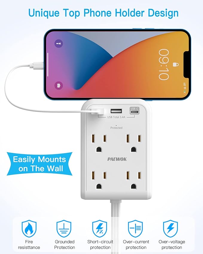 Surge Protector Power Strip, Outlet Extender Stick with USB C Ports, 4 Outlet 3 USB, 4 FT Extension Cord Flat Wall Plug, Home Office Dorm Room Essentials, White