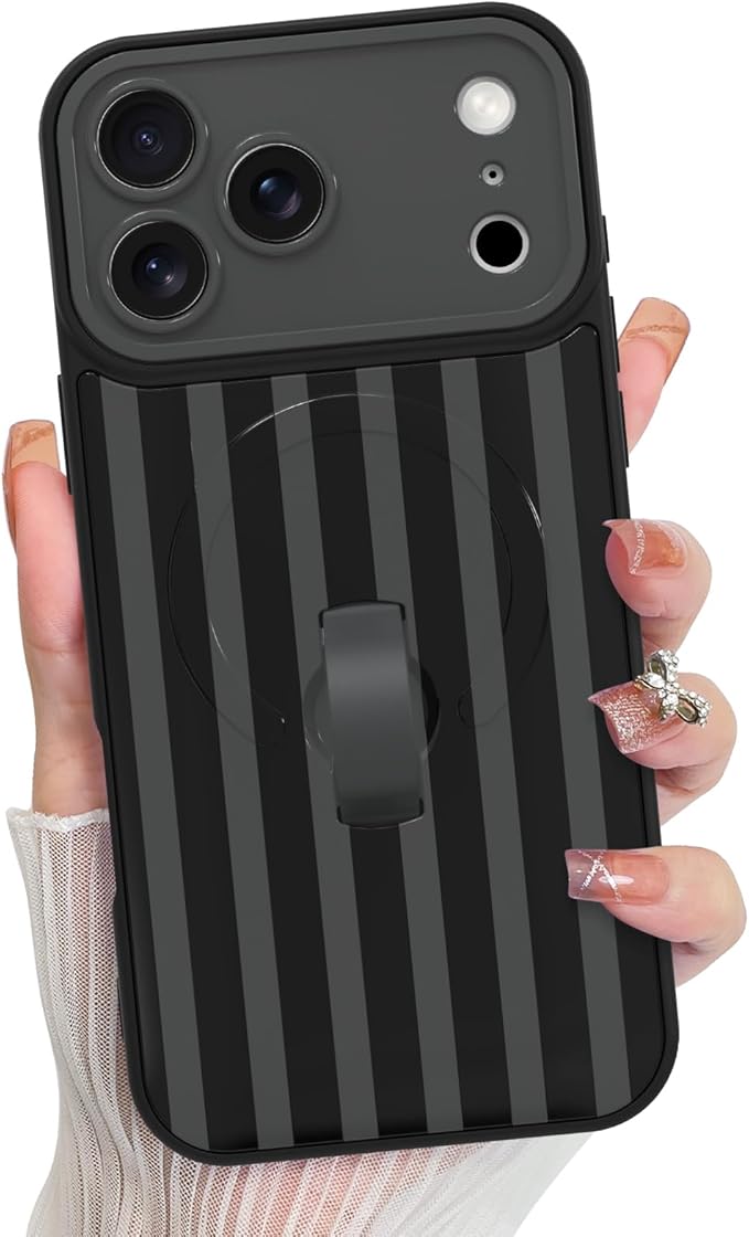 KANGHAR Compatible with iPhone 17 Pro Max Case, Support for MagSafe, Silicone Stripes Cute Pattern, Wristband Kickstand Camera Protection Soft Slim Cover for Girls Women -Black