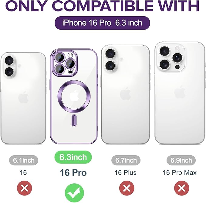 Hython Magnetic Clear for iPhone 16 Pro Case with Camera Lens Protector [Compatible with MagSafe] Luxury Plating Edge Slim Soft TPU Cover Protective Phone Case for iPhone 16 Pro 6.3", Deep Purple