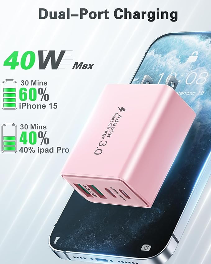 USB C Charger Block, 2-Pack 40W Fast USBC Charging Block 4-Port Dual PD+QC Power Adapter Double USBC Charger Block Multiport Type C Cube Wall Plug for iPhone 16 15 14 13 12 11 Pro Max,Samsung