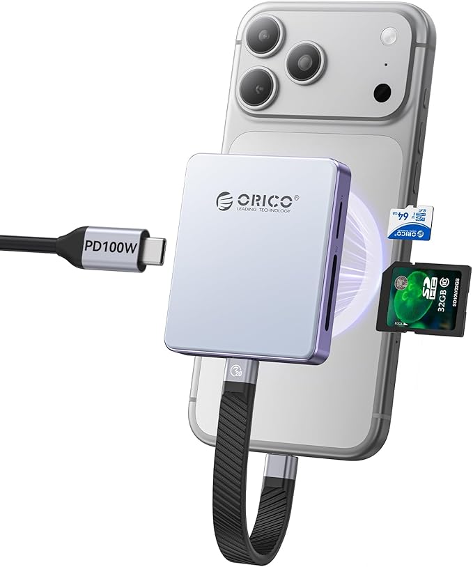 ORICO Magnetic M.2 2230/2242 NVMe SSD Enclosure for iPhone 4K ProRes Recording ith SD/TF 3.0 Card Reader PD100W Charging Port, Support for iPhone 15/16/17 Series Laptop Tablet- Diskless AP42F Blue